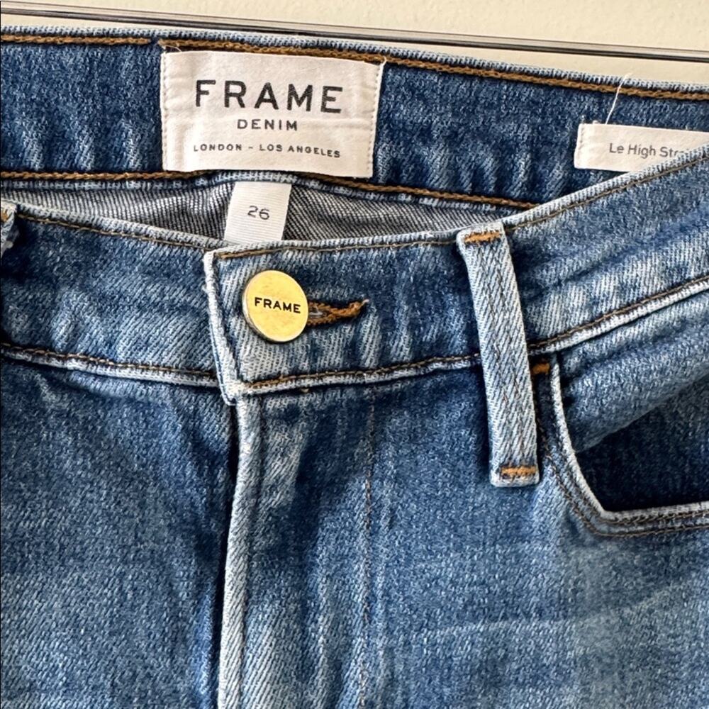 FRAME Le High Straight Jeans Whitway Wash Frayed Hem Blue Size 26 Minimalist - Picture 5 of 7